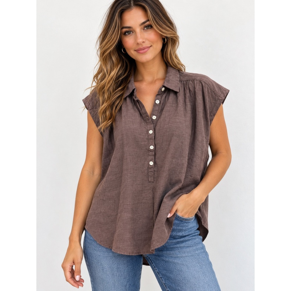 J.Crew Baird McNutt Irish Linen Popover Blouse Size S Brown 100% Linen Relaxed